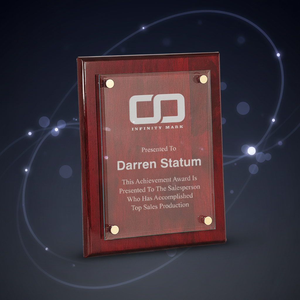Awards plaque with 'Infinity Mark' logo and text on a clear background