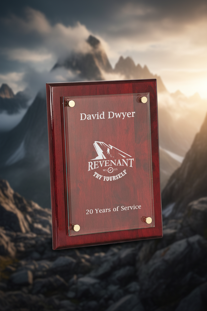 Plaque with 'Revenant' logo and text on a white background