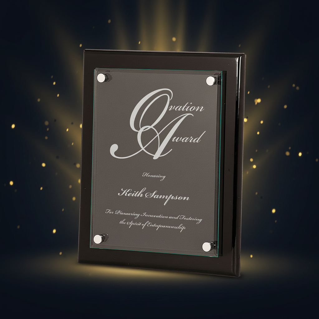 Glass award plaque with engraved text on a black frame