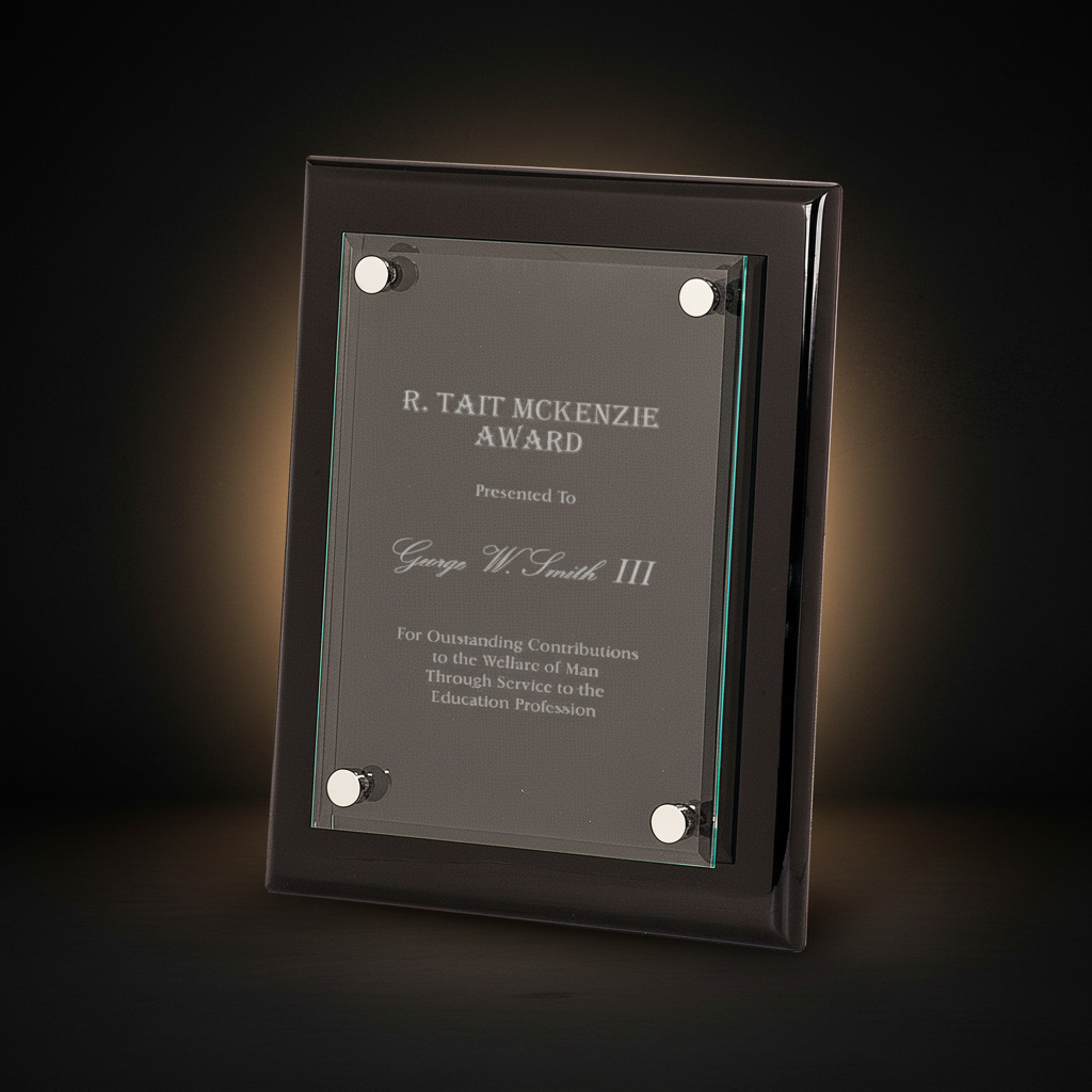Glass award plaque with engraved text on a white background