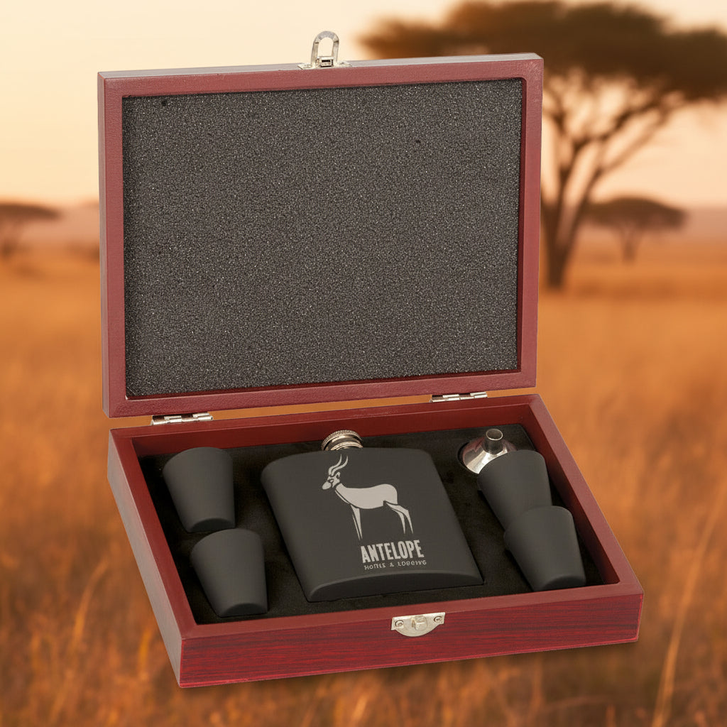 Matte Black Laserable Stainless Steel 6 oz. Flask Set in Wood Presentation Box