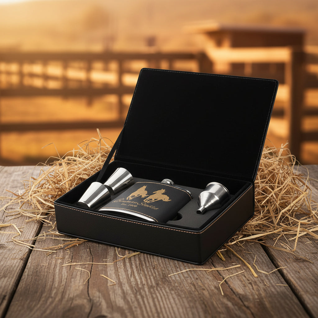 Black hip flask set with silver accents in a black box, featuring a logo and text.
