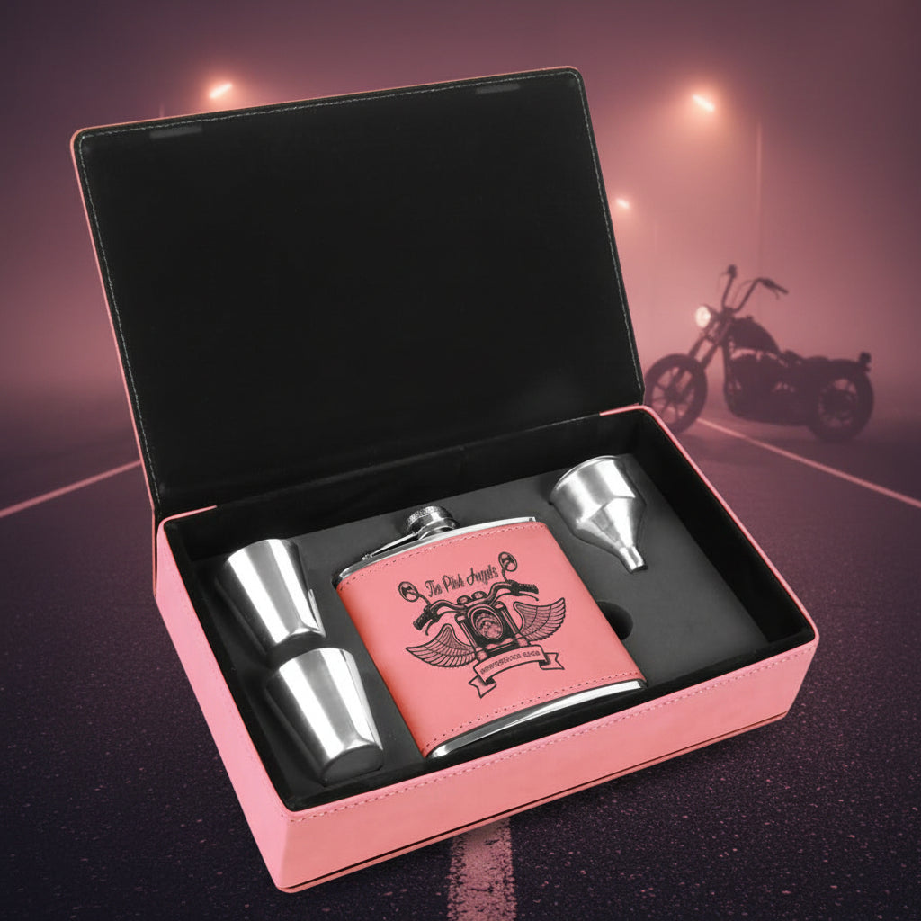Pink flask set with a black interior in a box