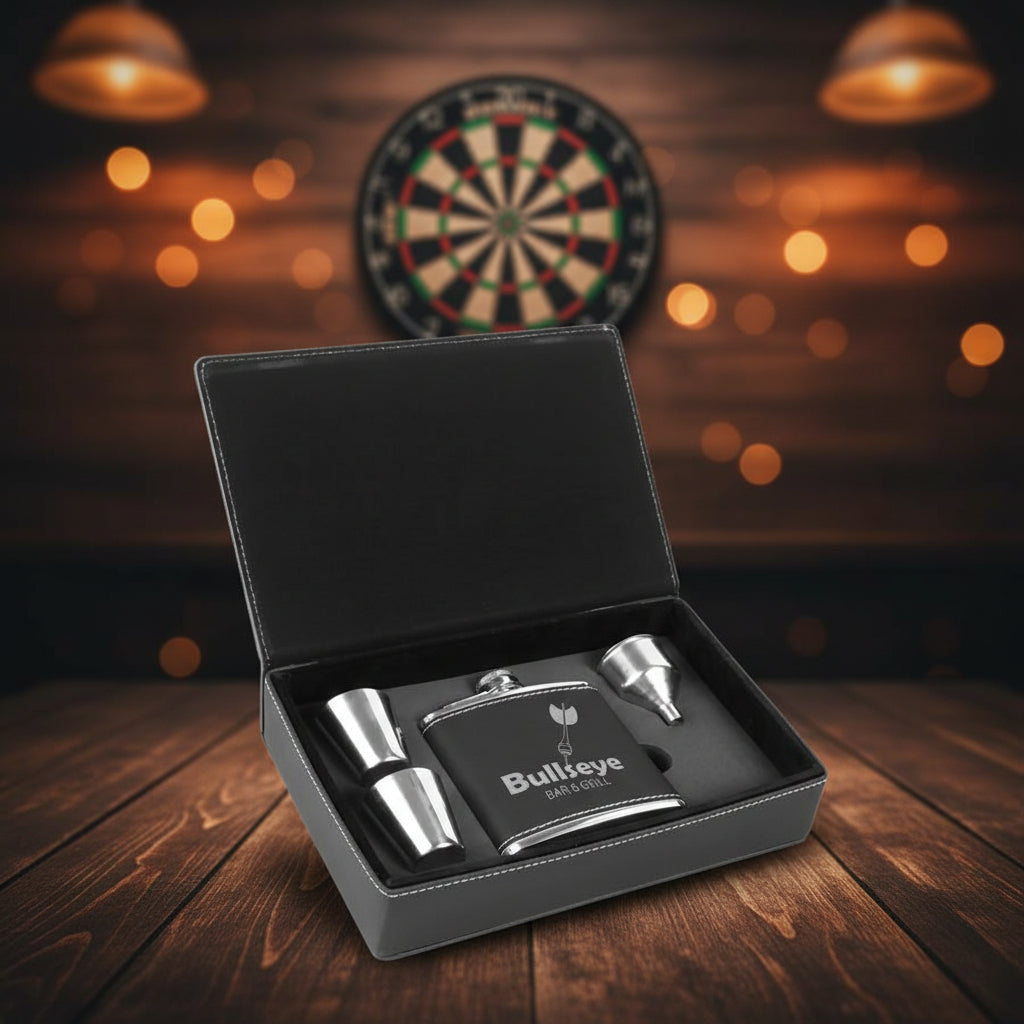Black leather flask set with 'Bullseye Bar & Grill' branding in a box.