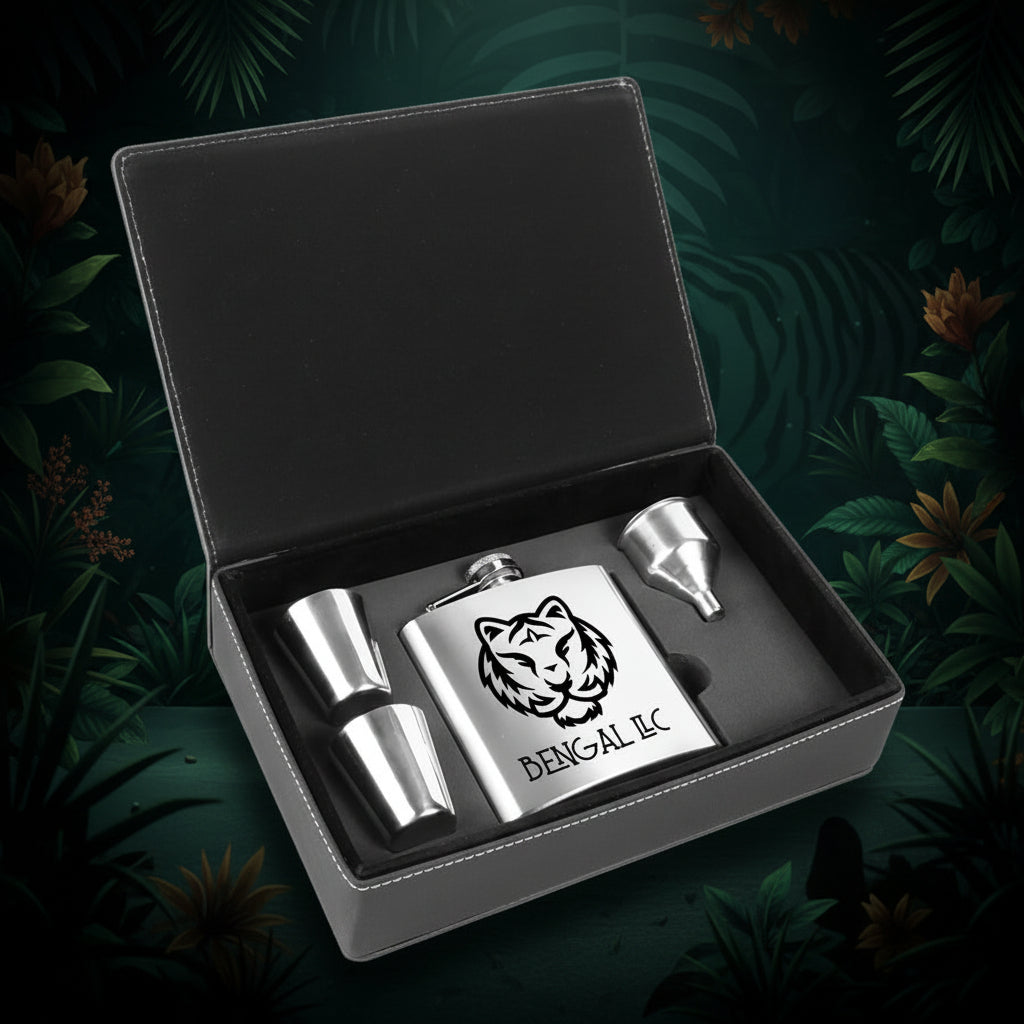 Stainless steel flask set with tiger design and 'Bengal LC' text in a black box.