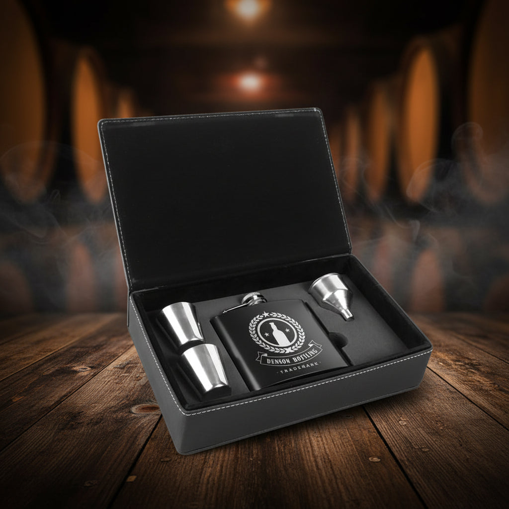 Black hip flask set with silver components in a black box on a white background