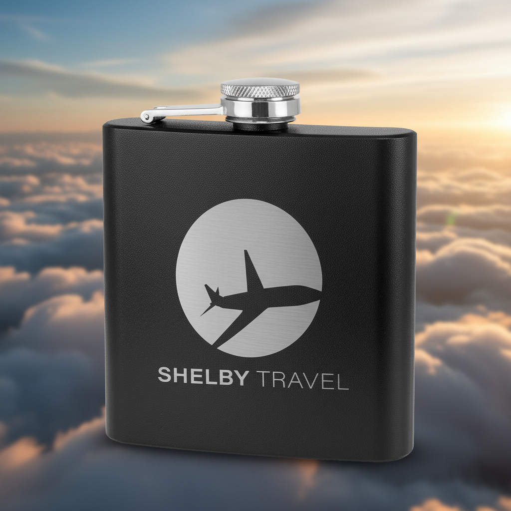 Black flask with 'Shelby Travel' logo featuring an airplane on a white background