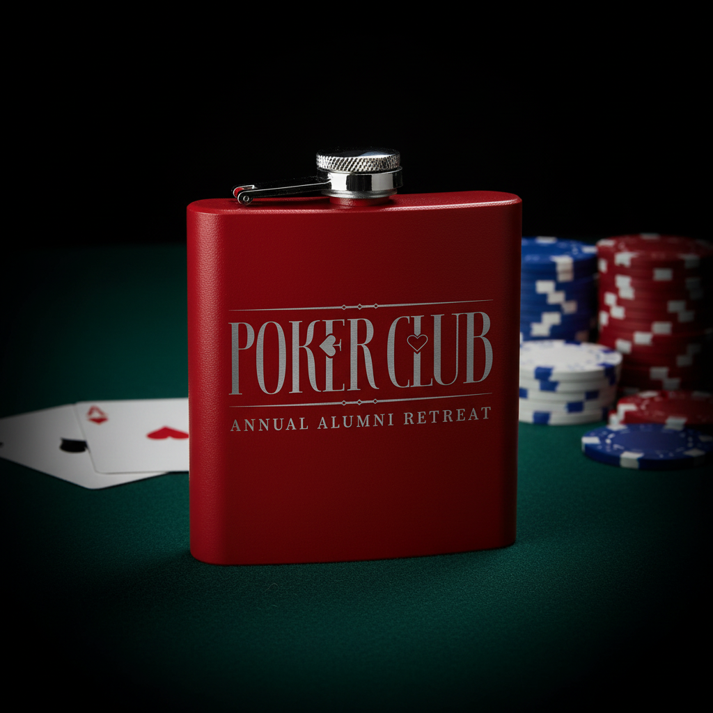 Red flask with 'Poker Club Annual Alumni Retreat' text on a white background