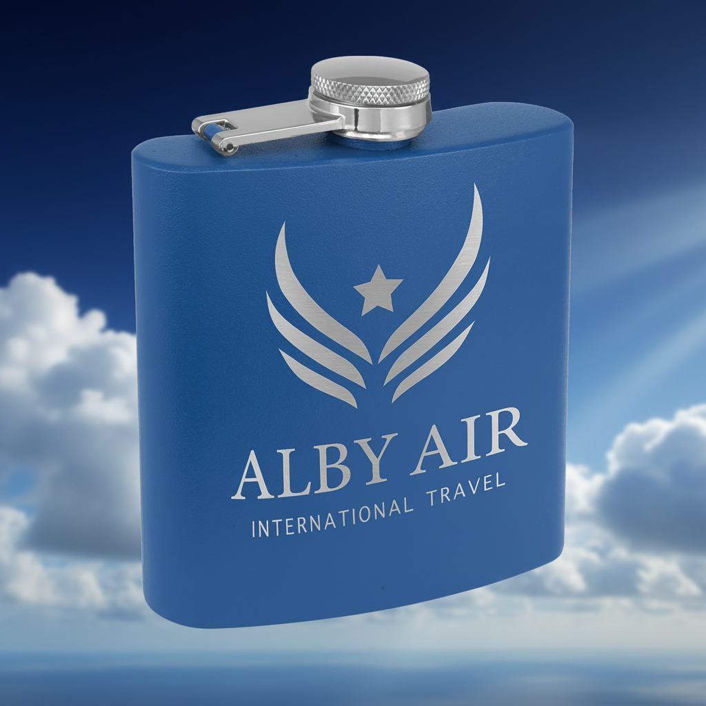 Blue flask with 'ALBY AIR International Travel' logo on a white background