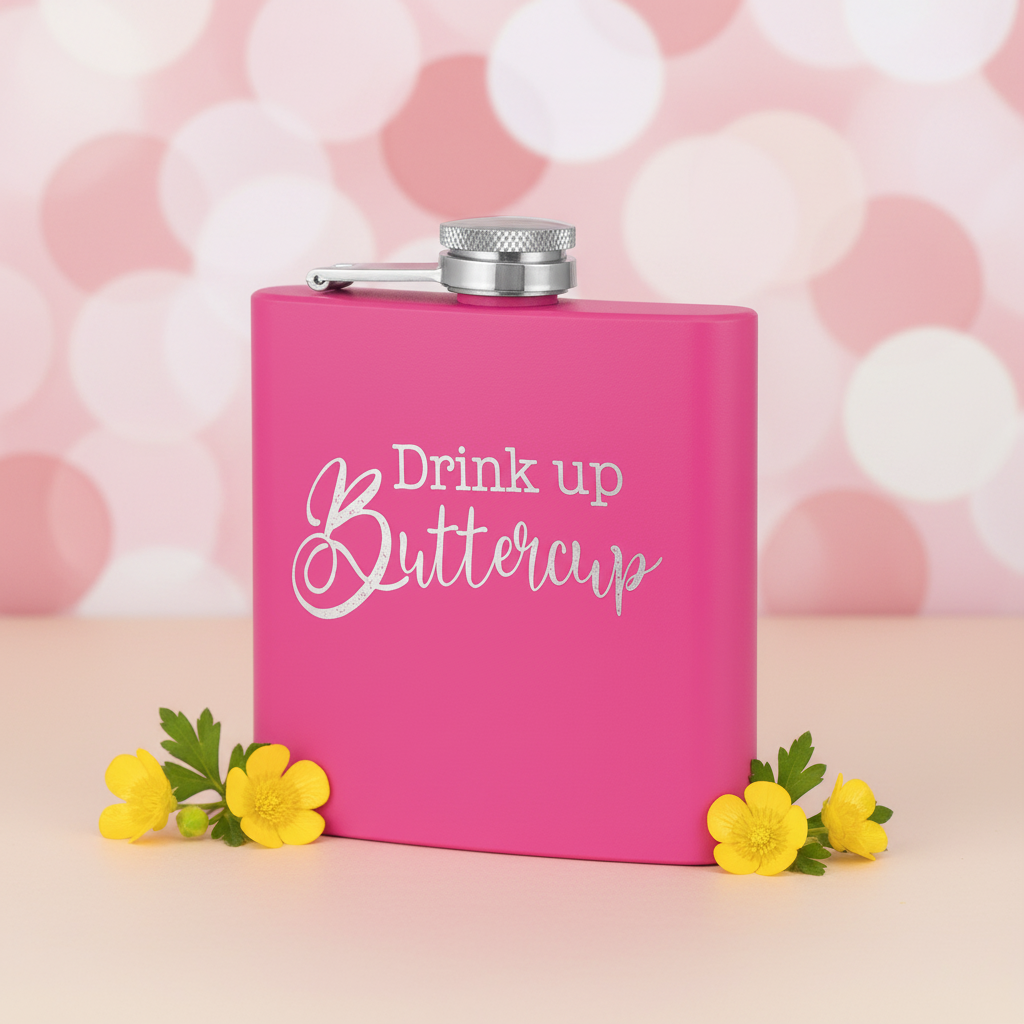 Pink flask with 'Drink up Buttercup' text on a white background