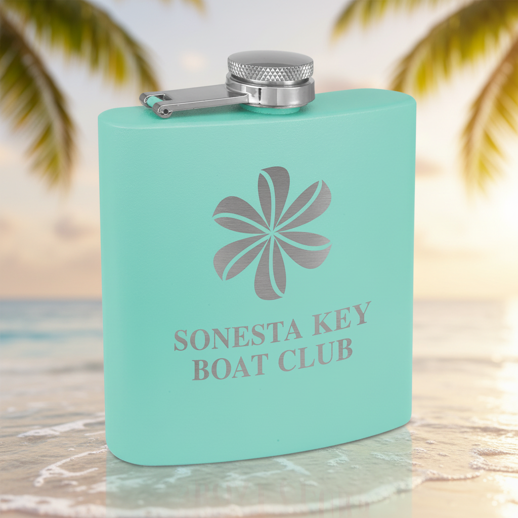 Turquoise flask with silver cap and 'Sonesta Key Boat Club' text on a green background