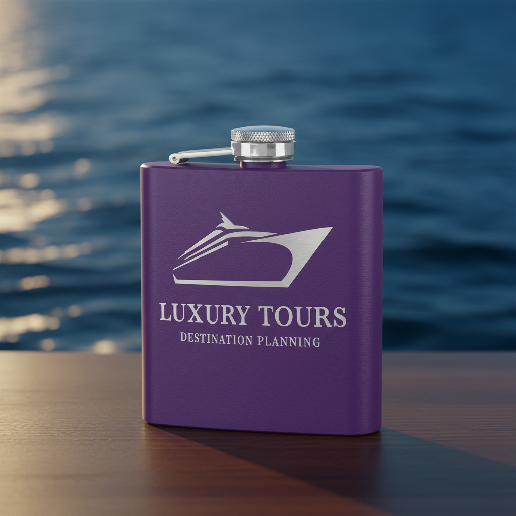 Purple flask with 'Luxury Tours Destination Planning' logo on a green background