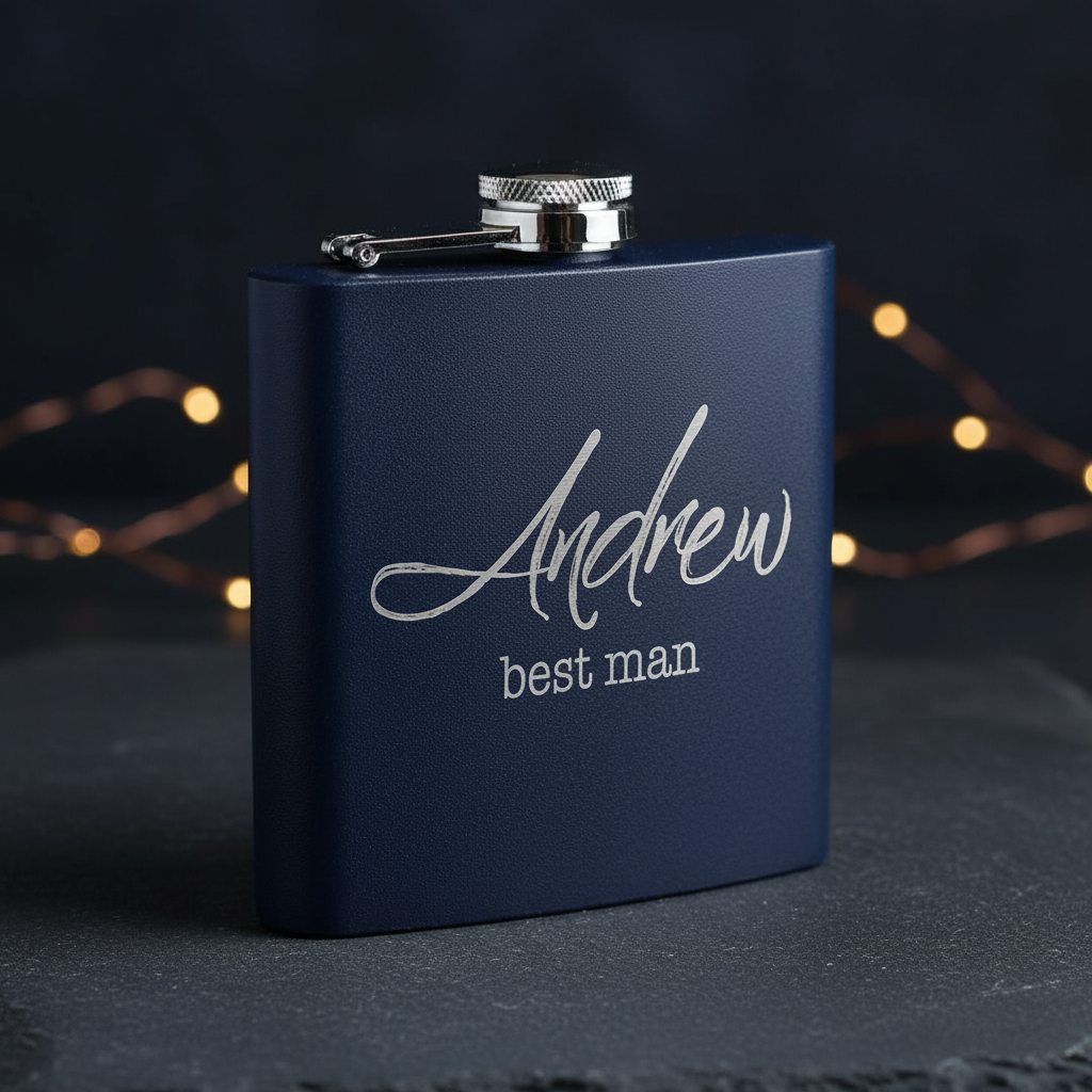 Navy blue flask with 'Andrew best man' engraving on a white background