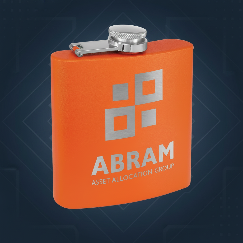 Orange flask with silver cap and 'ABRAM Asset Allocation Group' branding on a green background