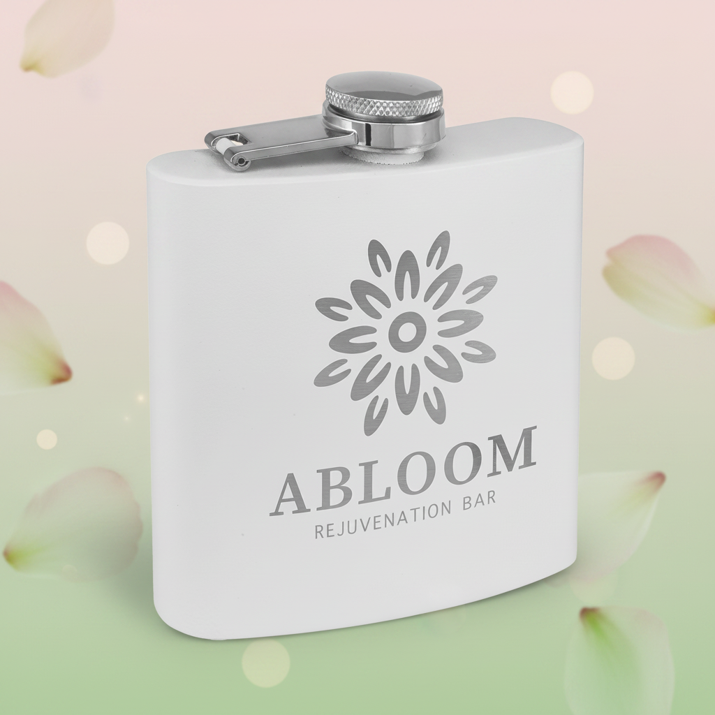 White flask with 'ABLOOM Rejuvenation Bar' logo on a green background
