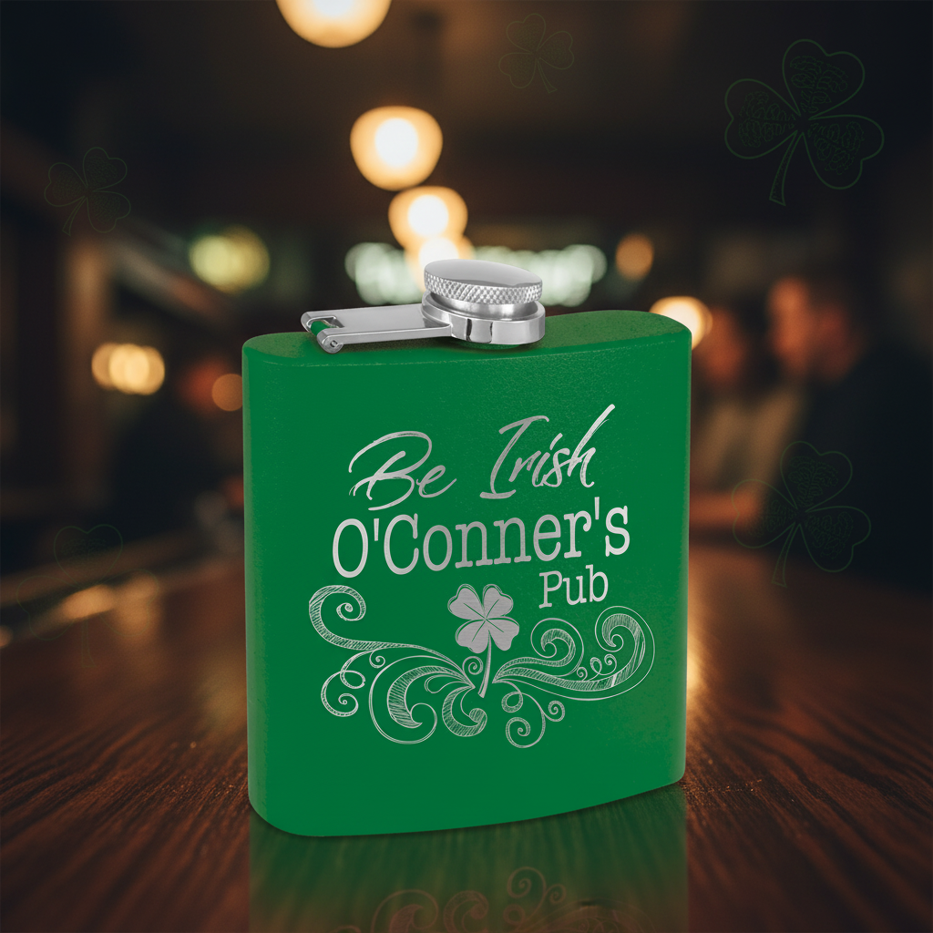 Green flask with 'Be Irish O'Connor's Pub' text and clover design on a clear background