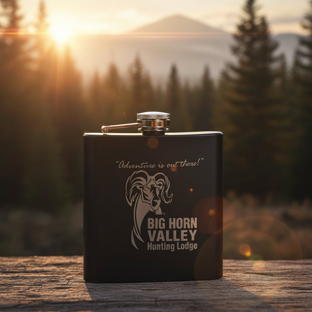 Black flask with 'Big Horn Valley Hunting Lodge' text and logo on a white background