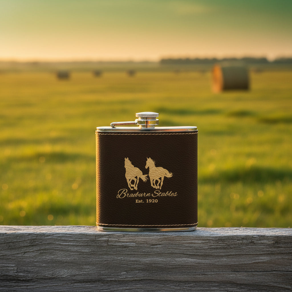 Black/Gold Laserable Leatherette Stainless Steel 6 oz. Flask