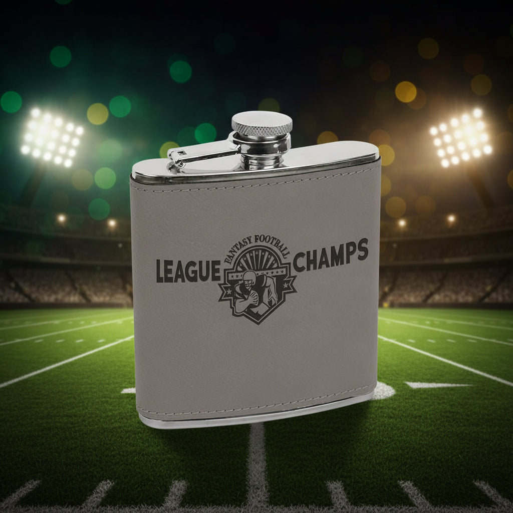Gray flask with 'League Fantasy Football Champs' text and logo on a white background