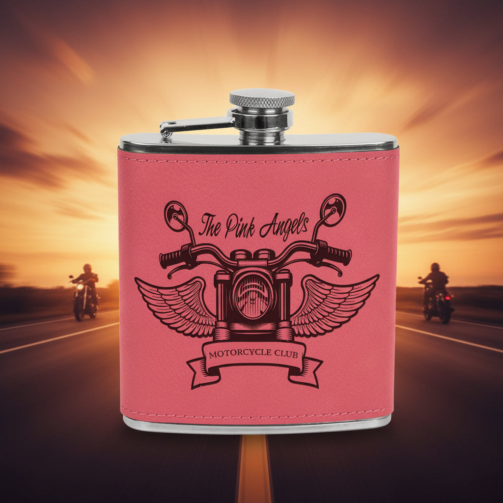 Pink flask with motorcycle club design and 'The Pink Angels' text