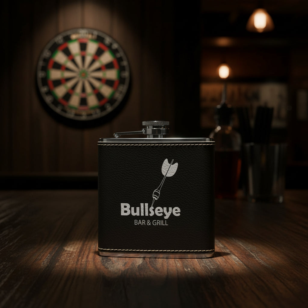 Black flask with 'Bullseye Bar & Grill' logo on a white background