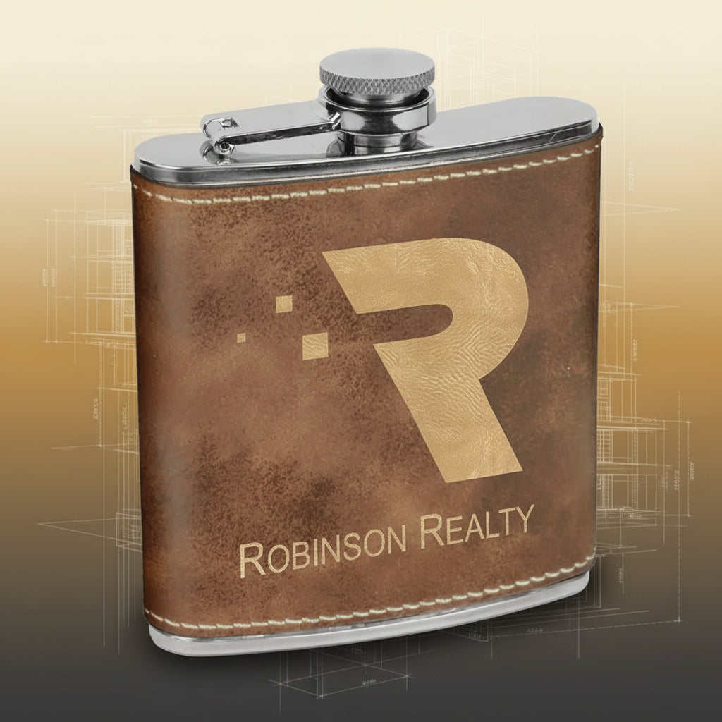 Brown leather flask with 'R' logo and 'Robinson Realty' text on a white background