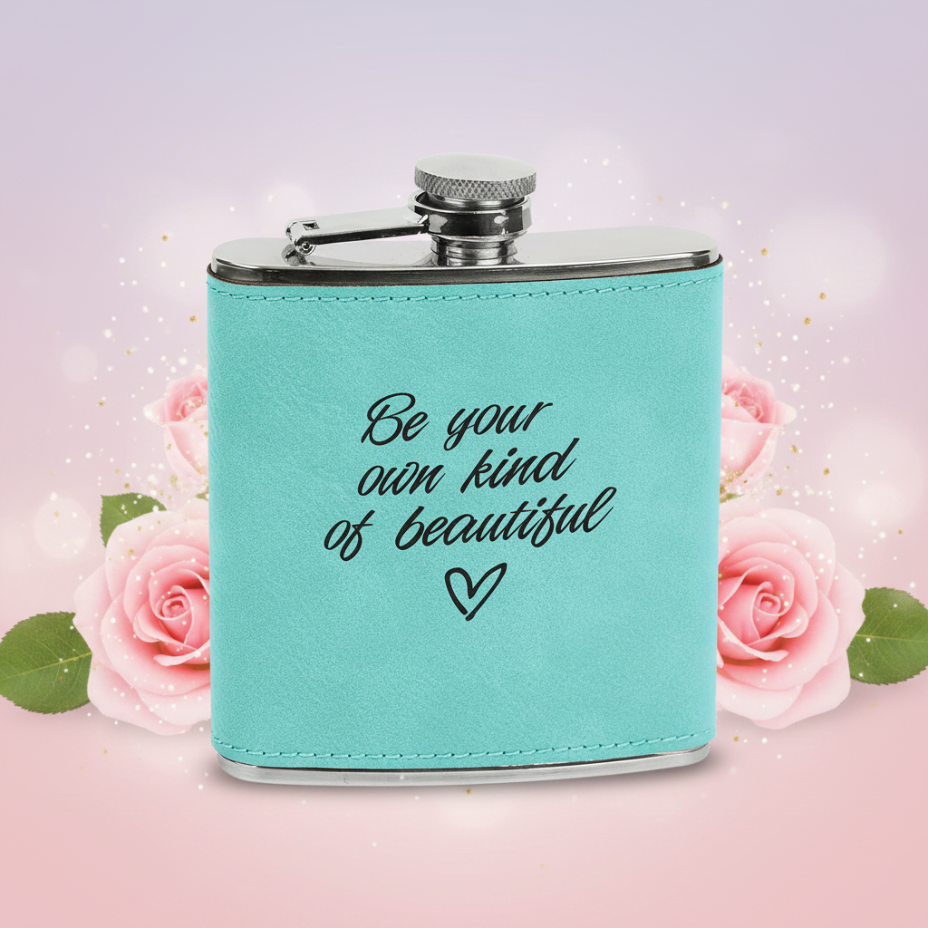 Turquoise flask with 'Be your own kind of beautiful' text and heart symbol on a green background