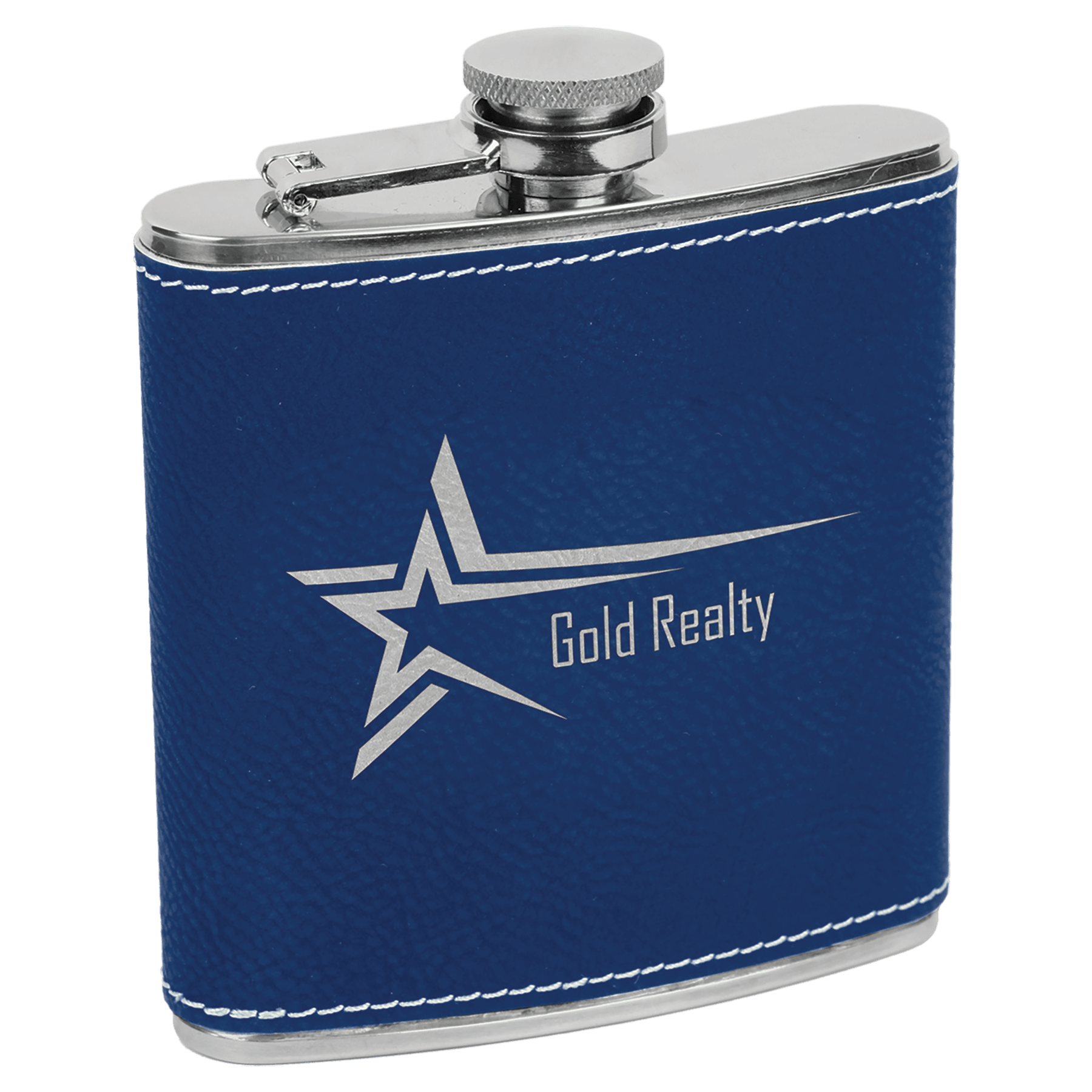 Blue/Silver Laserable Leatherette Stainless Steel 6 oz. Flask