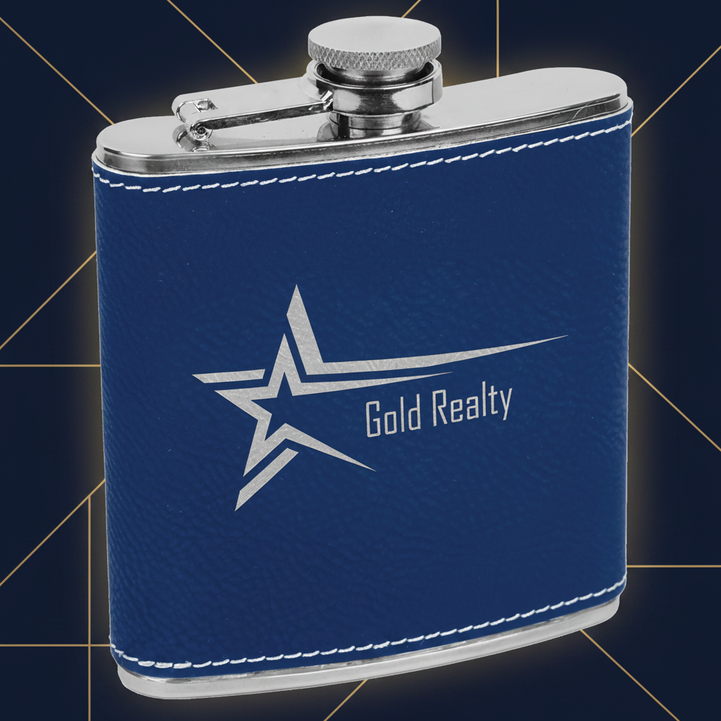 Blue flask with 'Gold Realty' logo on a white background