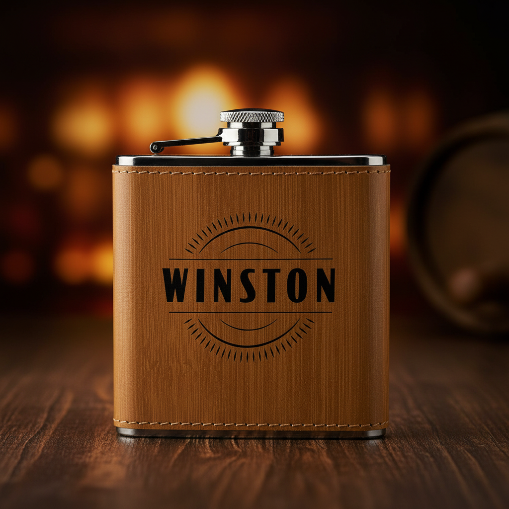 Wooden flask with 'Winston' engraving on a white background