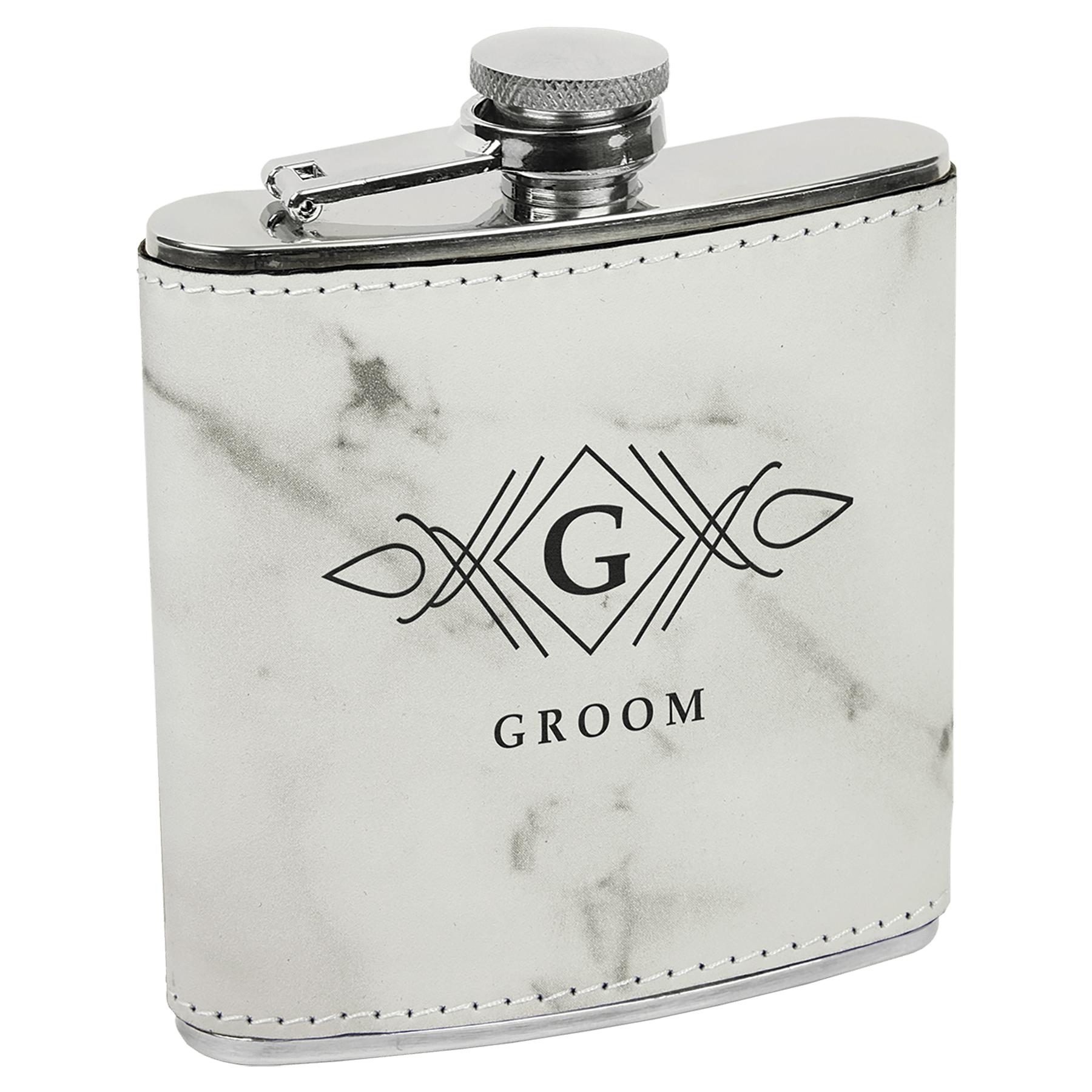 Marble-textured flask with 'Groom' inscription on a white background