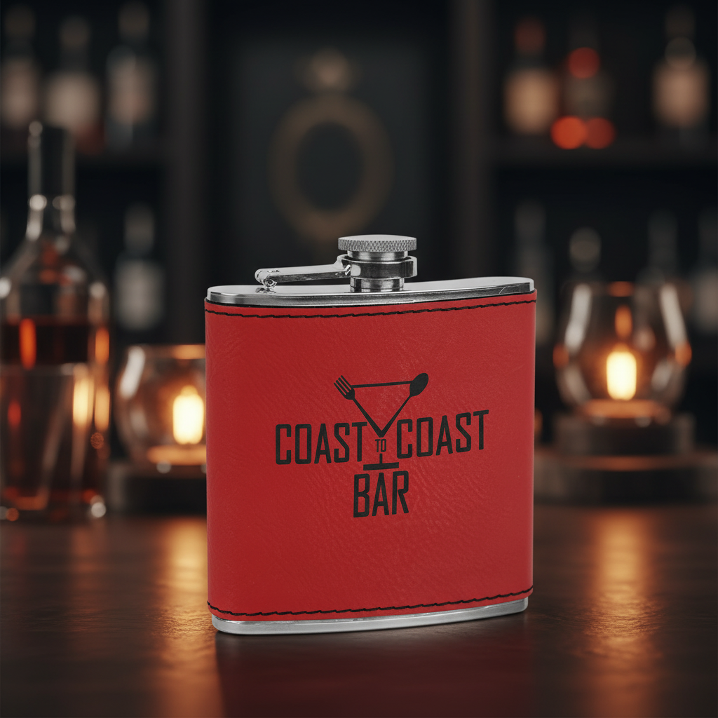 Red flask with 'Coast to Coast Bar' logo on a white background