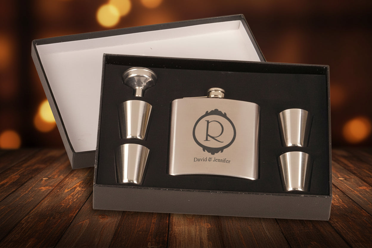Stainless steel flask set with monogram in a black box