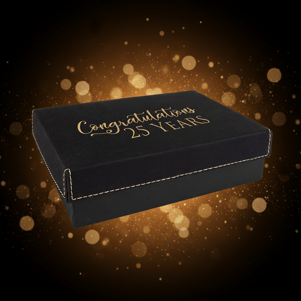 Black velvet box with 'Congratulations 25 Years' text on a white background