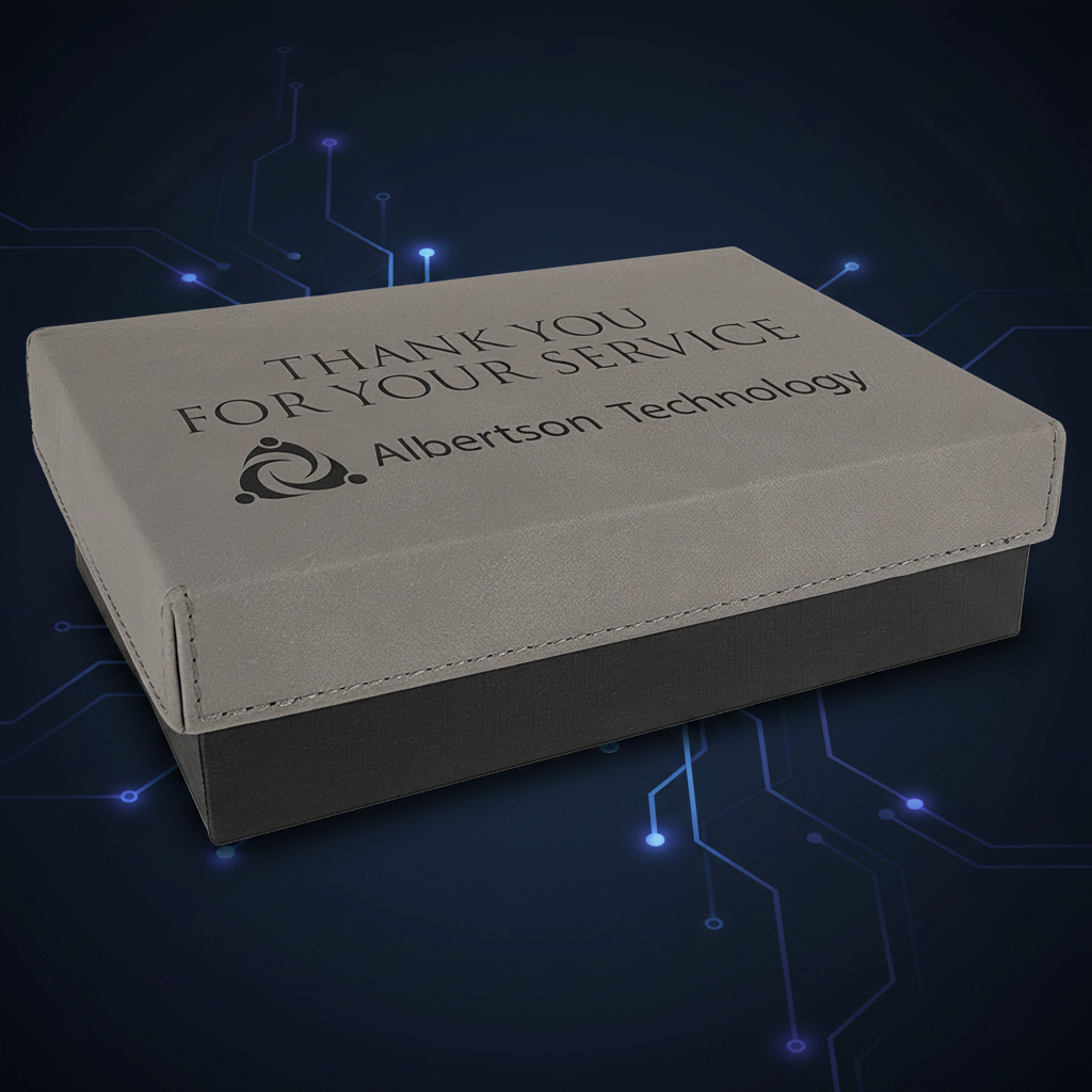 Gray box with 'Thank you for your service' and 'Albertson Technology' text on a white background