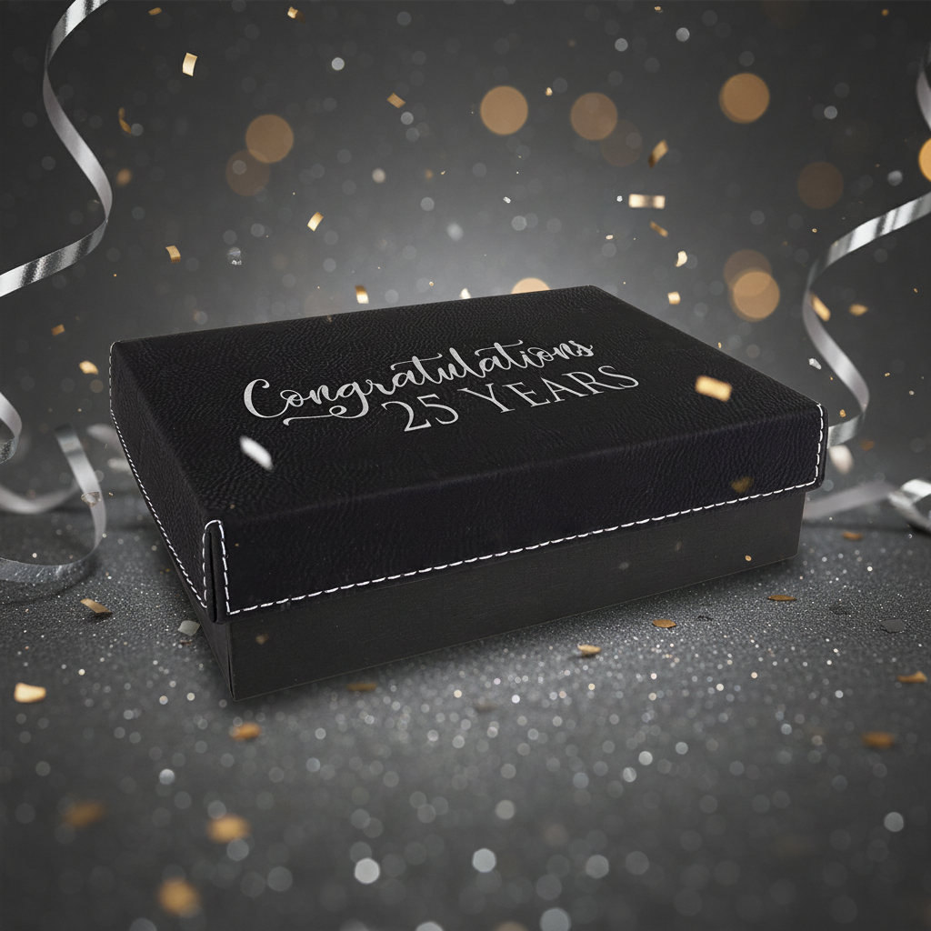 Black velvet box with 'Congratulations 25 Years' text on a white background