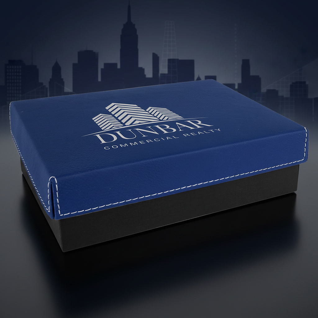 Blue and black box with Dunbar Commercial Realty logo on a white background