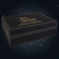 Black leather box with gold text on a white background