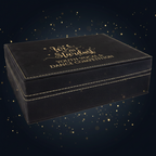 Black leather box with gold text on a white background