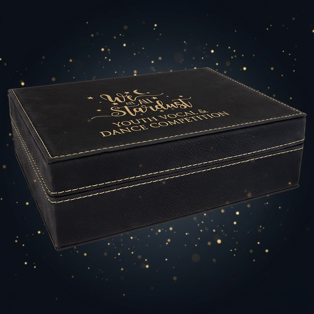 Black leather box with gold text on a white background