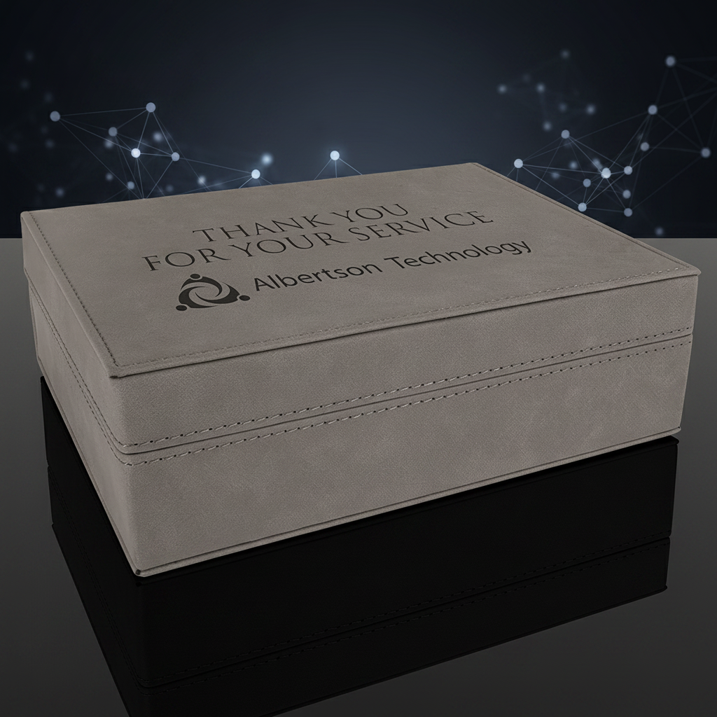 Gray leather box with 'Thank you for your service' text and Albertson Technology logo on a white background