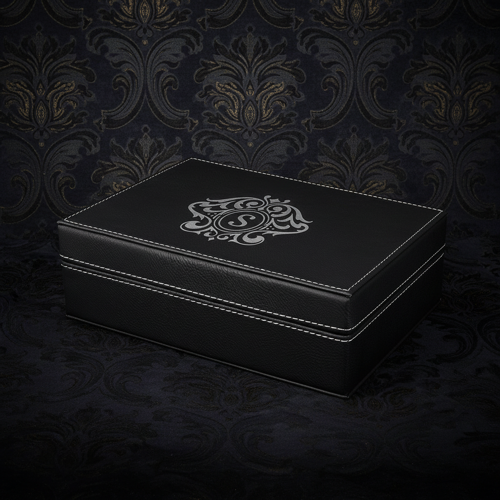 Black jewelry box with white stitching and a decorative emblem on a white background