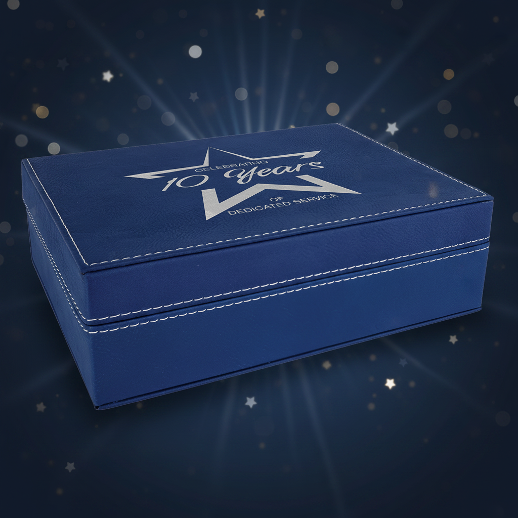 Blue jewelry box with '10 Years of Dedicated Service' text and star design on a clear background