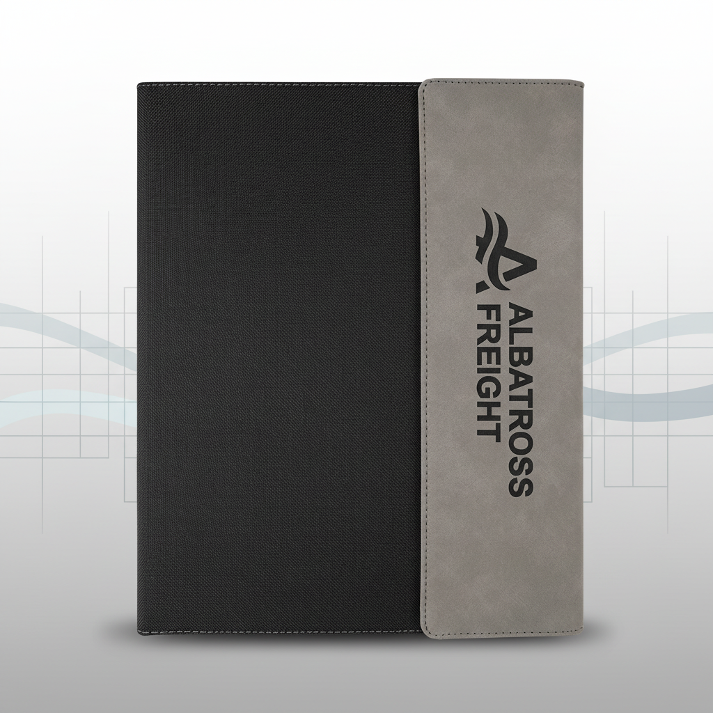 9 1/2" x 12" Gray Laserable Leatherette / Black Canvas Portfolio w / Notepad