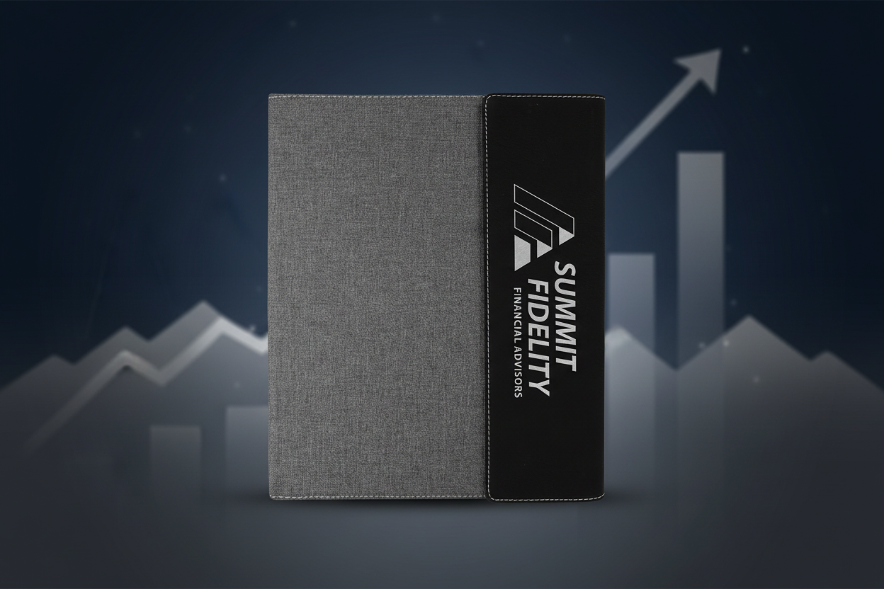 Black/Silver Laserable Leatherette / Gray 9 1/2"x12" Canvas Portfolio w/Notepad