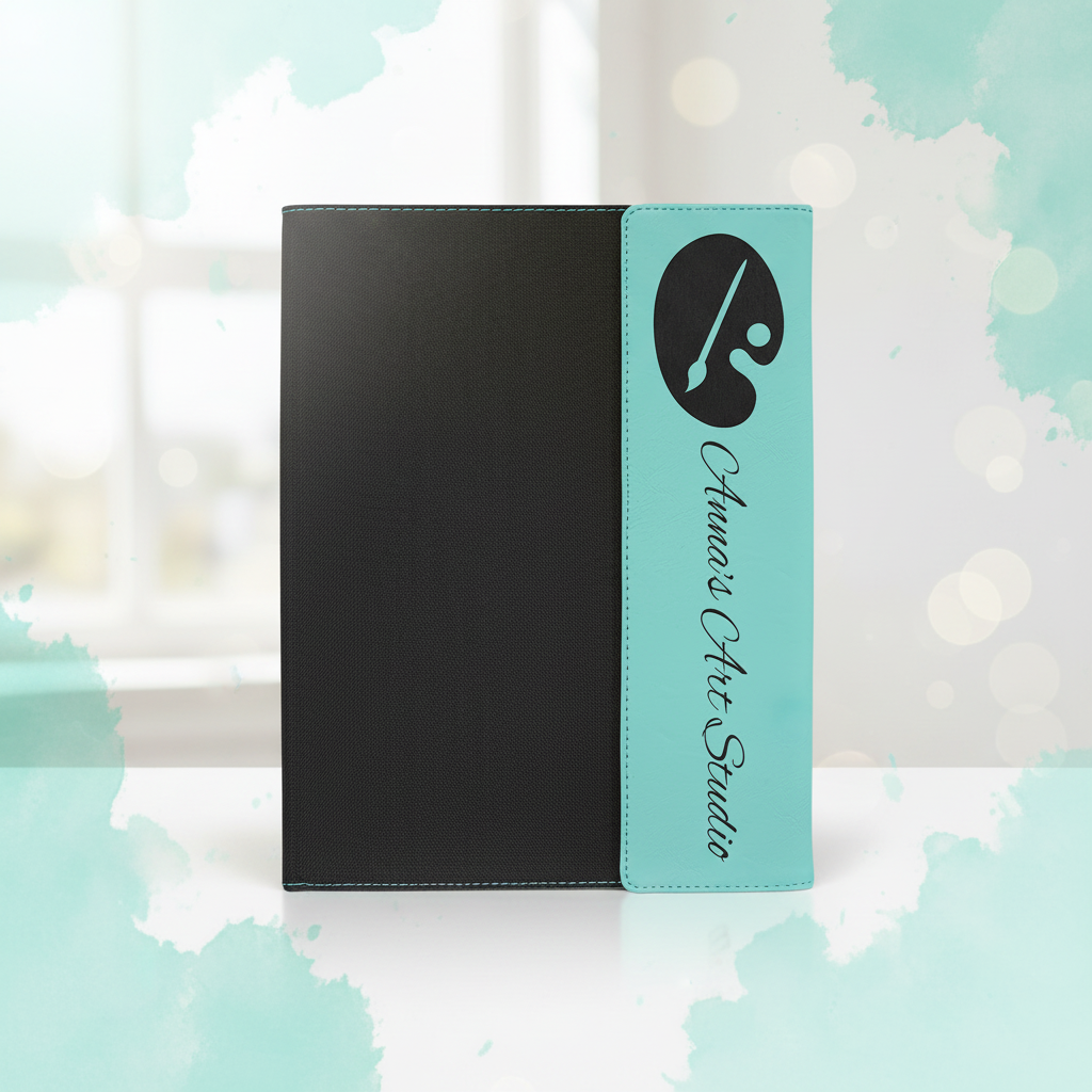 9 1/2"x12" Teal Laserable Leatherette / Black Canvas Portfolio with Notepad