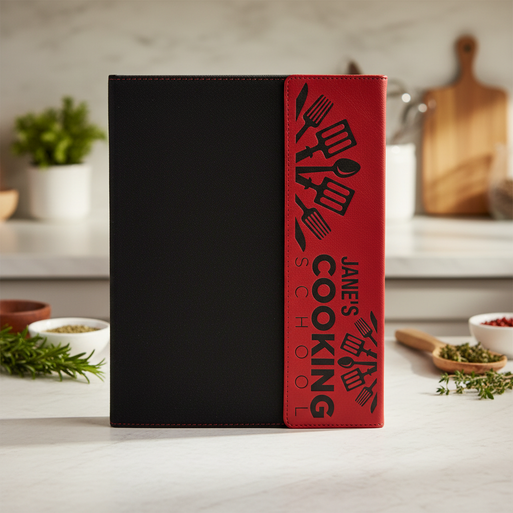 Red Laserable Leatherette / Black 9 1/2" x 12" Canvas Portfolio with Notepad