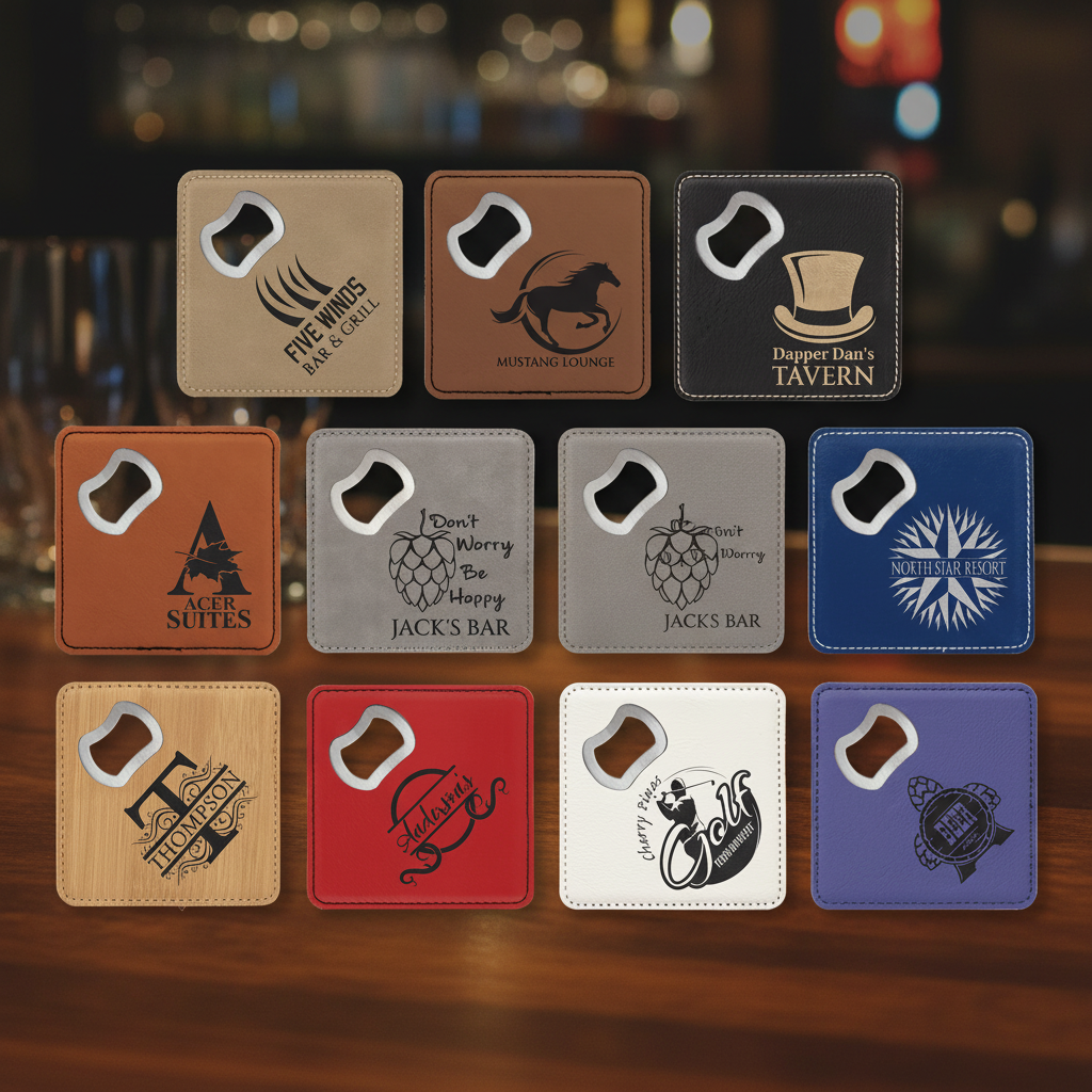 Collection of branded coasters with various logos on a green background