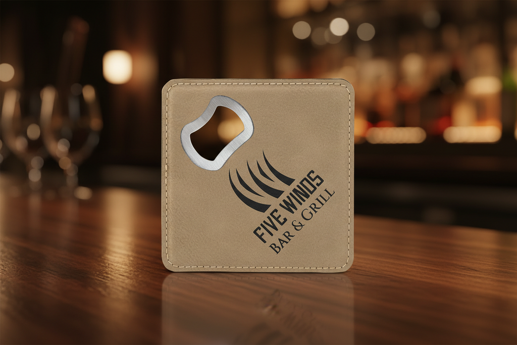 Light Brown 4" x 4" Square Laserable Leatherette Coaster with Bottle Opener