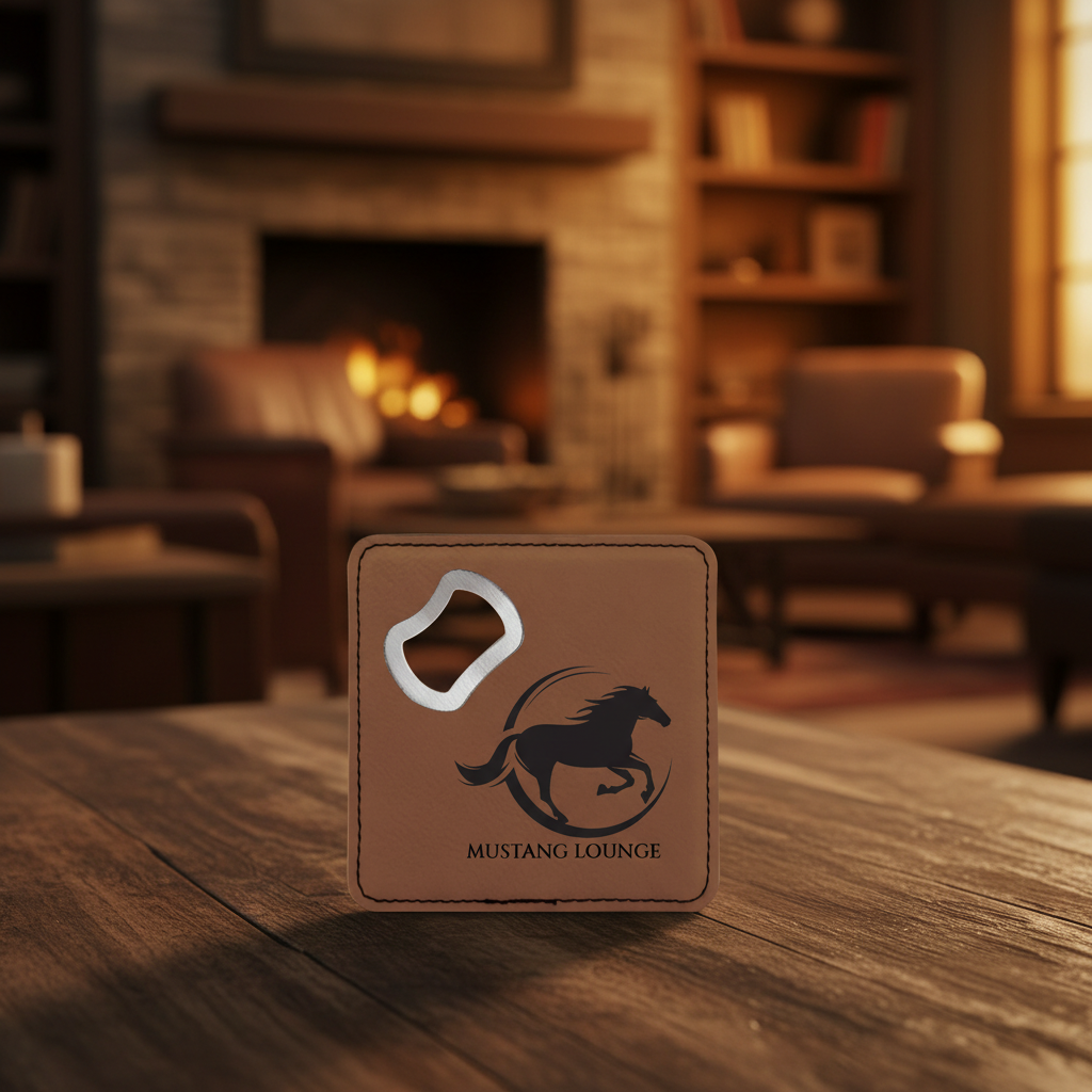 Dark Brown 4" x 4" Square Laserable Leatherette Coaster with Bottle Opener